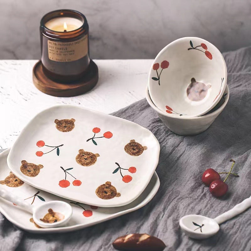 Handmade ceramics CHERRY & BEAR tableware 8 sets