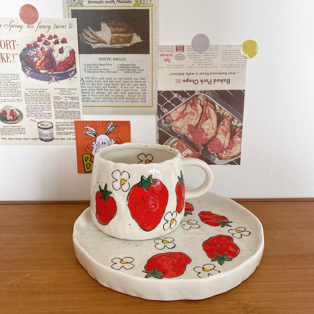 Handmade ceramics STRAWBERRY cup and plate