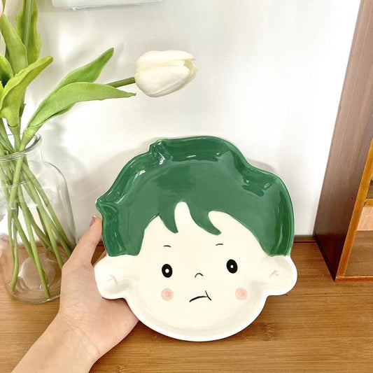 Handmade ceramics big face Green boy plate