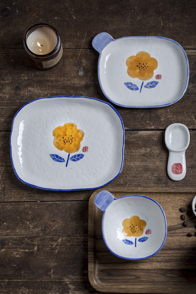 Handmade ceramics YELLOW FLOWER tableware 4 sets