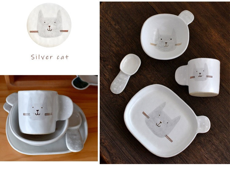 Handmade ceramics SILVER CAT tableware 4 sets