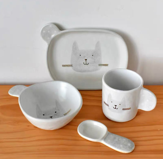 Handmade ceramics SILVER CAT tableware 4 sets