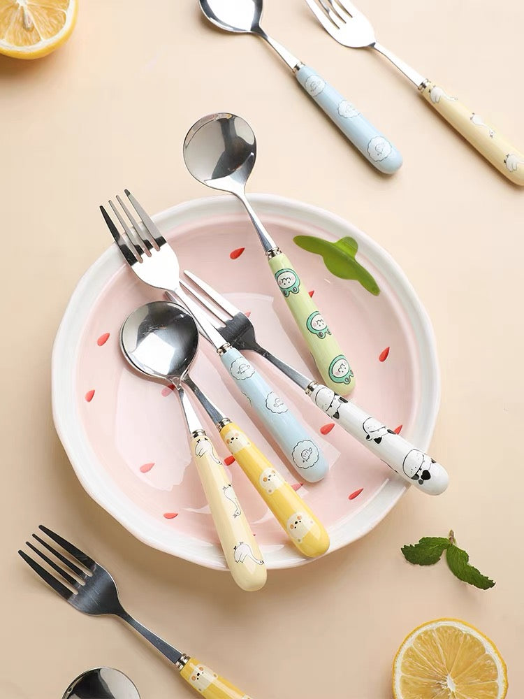 Cartoon Print Ceramics Stainless Steel Fork & Spoon