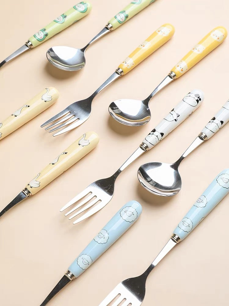 Cartoon Print Ceramics Stainless Steel Fork & Spoon