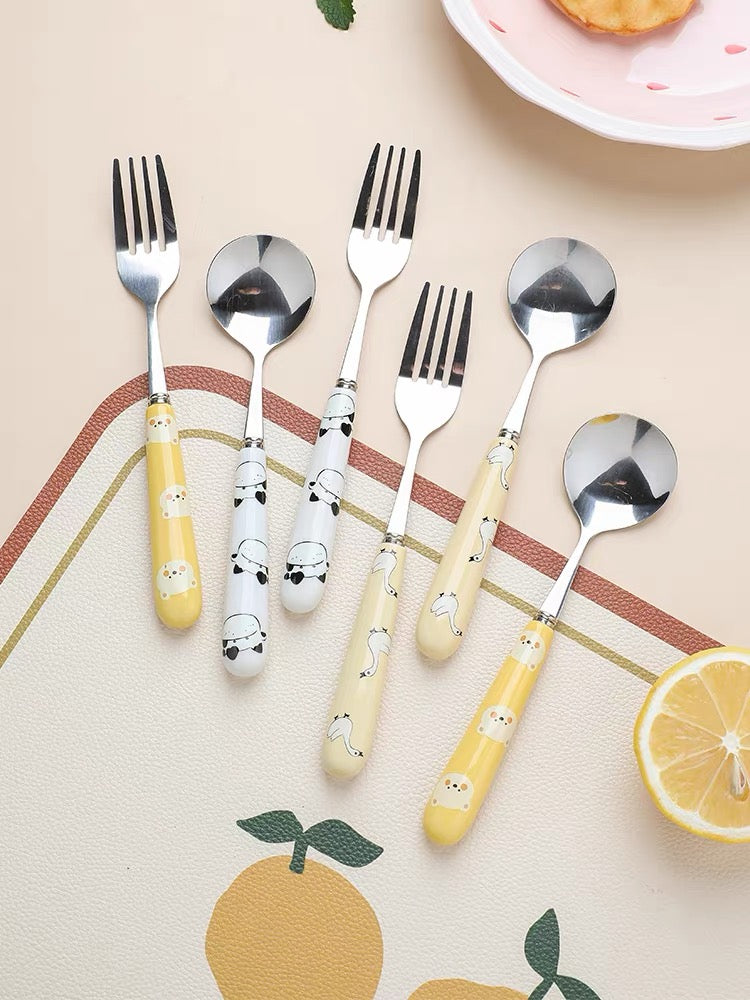 Cartoon Print Ceramics Stainless Steel Fork & Spoon