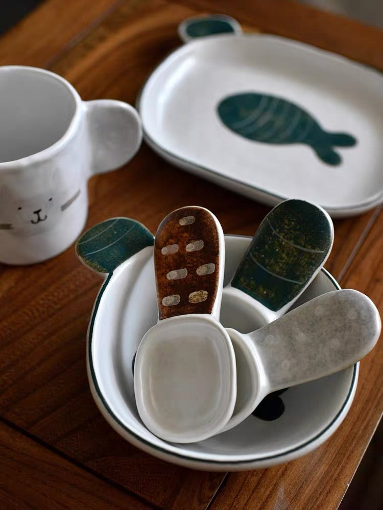 Handmade ceramics GREEN FISH tableware 4 sets