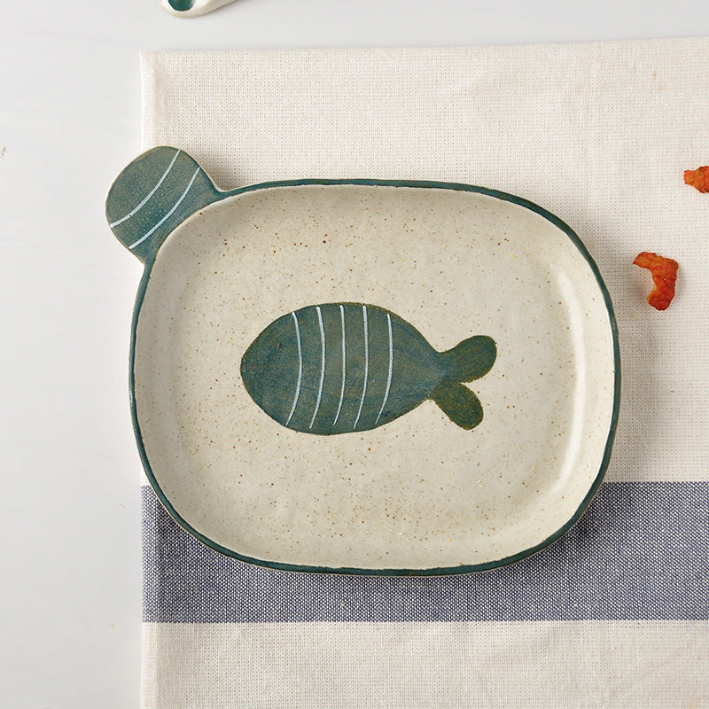 Handmade ceramics GREEN FISH tableware 4 sets