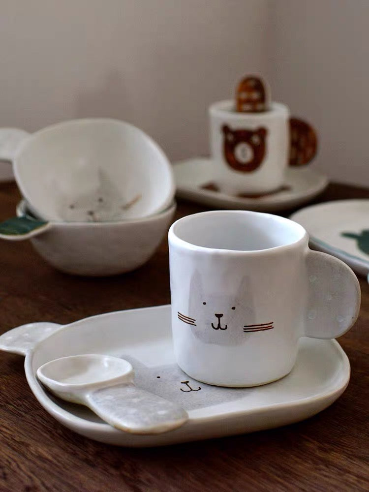 Handmade ceramics SILVER CAT tableware 4 sets