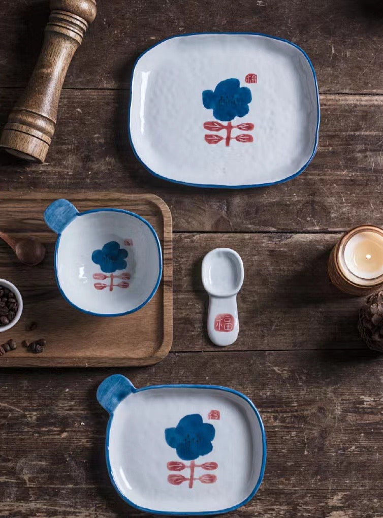 Handmade ceramics BLUE FLOWER tableware 4 sets
