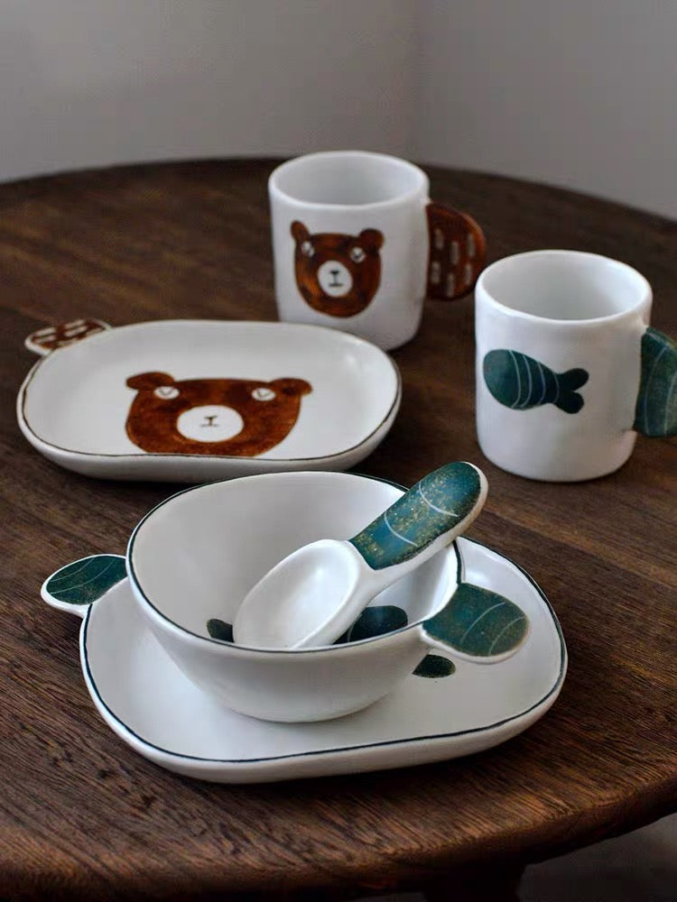 Handmade ceramics GREEN FISH tableware 4 sets