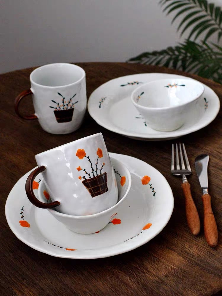 Handmade ceramics LEAF/FLOWER tableware 3 sets