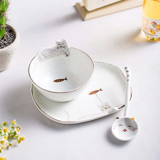 Handmade ceramics Cat & Fish tableware 3 sets