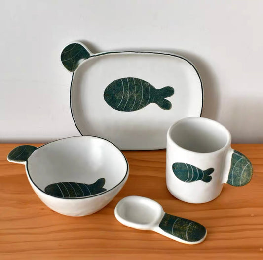 Handmade ceramics GREEN FISH tableware 4 sets